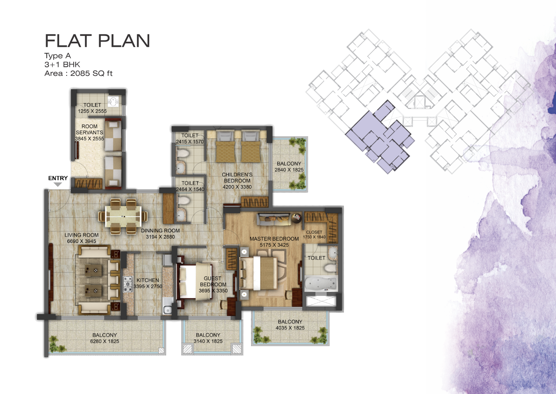 3+1 BHK flat plan — Amazon by GLM