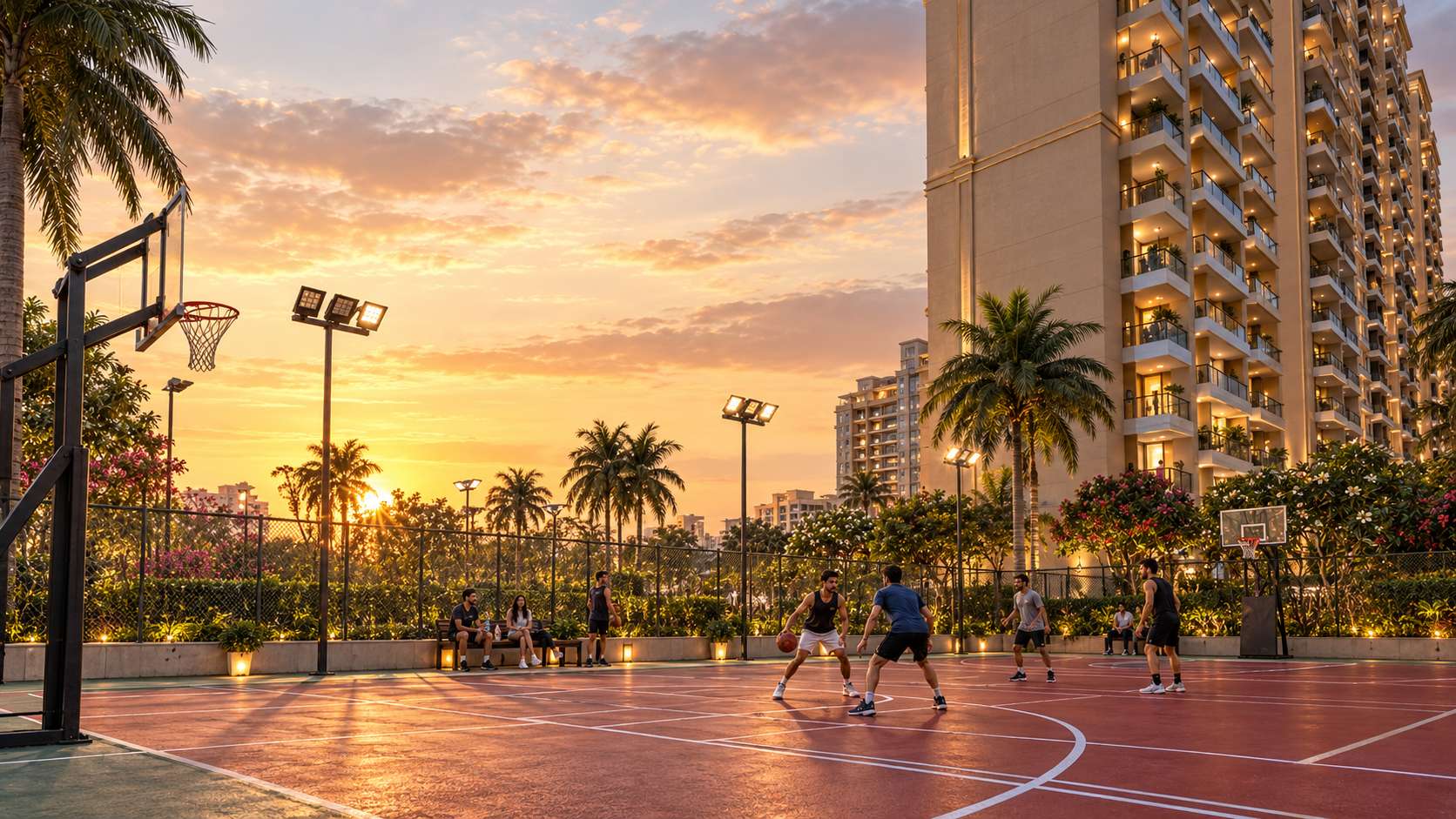 Basketball court at sunset