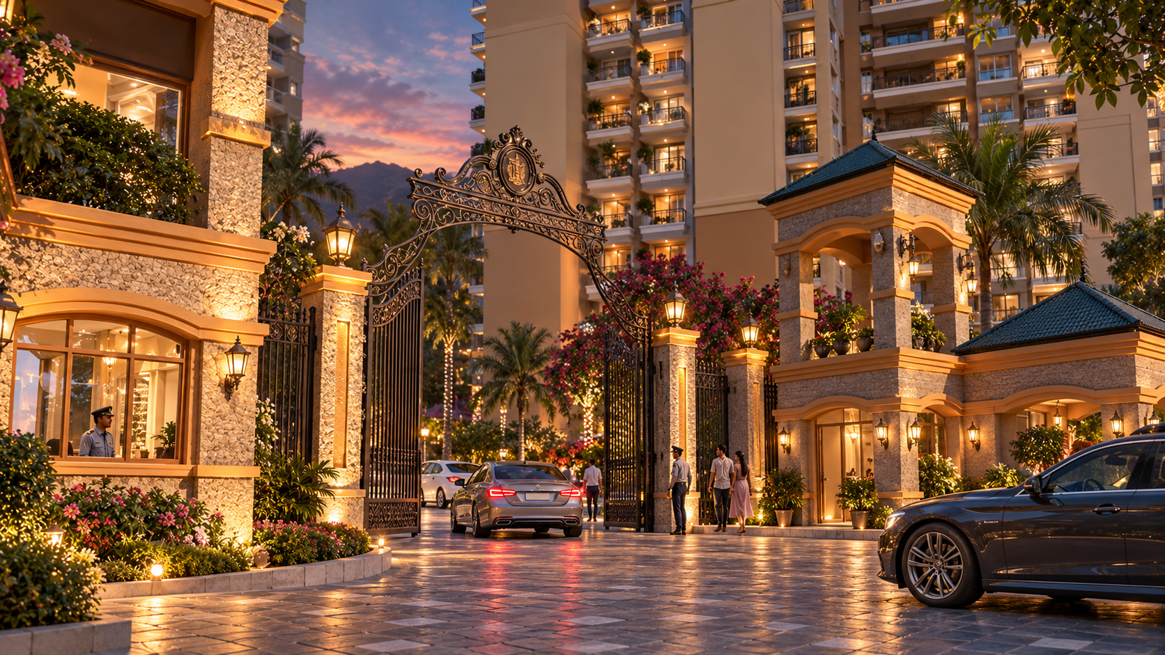 The grand entrance at dusk